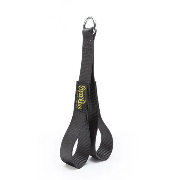 The Spud Inc Safety Squat Bar Strap, featuring a metal loop and yellow logo tag, is shown upright against a white background.