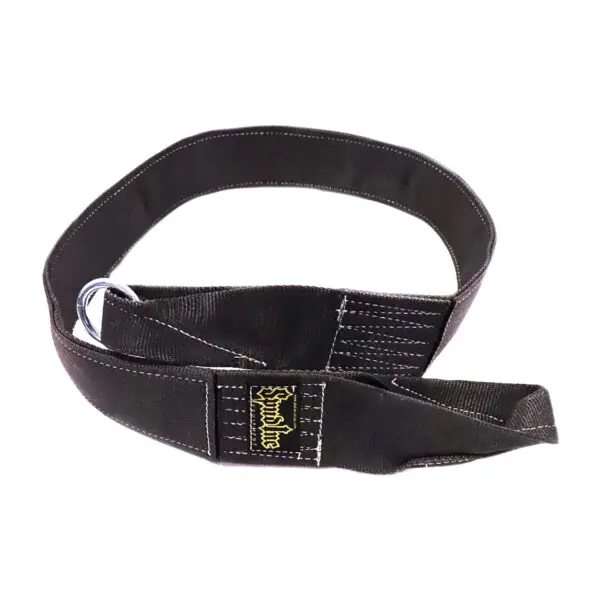 The Spud Inc Sled Pulling Belt, featuring a metal D-ring buckle and yellow embroidered logo near the buckle, is coiled on a white background.