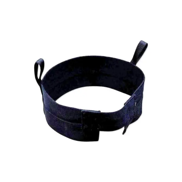 The Spud Inc Sled Pulling Belt is a sturdy black circular band with two small loops, ideal for securing or holding objects.