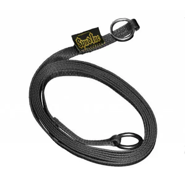 The Spud Inc Strongman Harness features a coiled black lanyard with a metal clip on one end, a fabric loop on the other, and is branded with a yellow logo on a black tag.