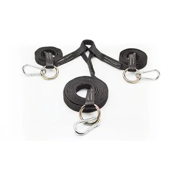 The Spud Inc Strongman Harness features black nylon tow straps with metal carabiner hooks on both ends, arranged in a Y-shape.