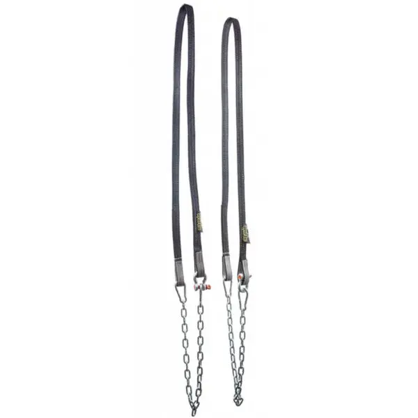 Two black swing seat chains with metal links and connectors, designed for playground use. They attach to flexible nylon straps, offering robust securement for swing sets.