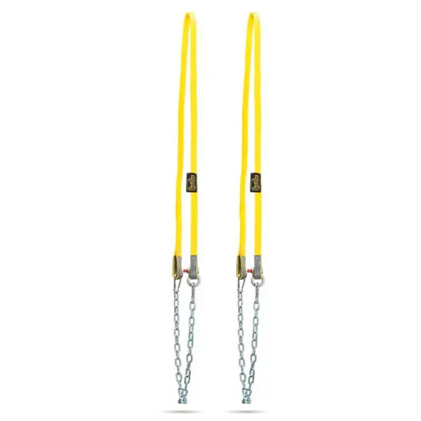 The Spud Inc Strongman Harness features two bright yellow lifting slings displayed vertically, each with a top loop for securing. The metal chains linked at the bottom are designed for heavy lifting applications.