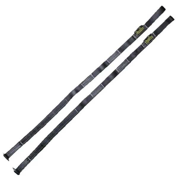 Two black Spud Inc Swing Set Straps with metal hooks at each end for securing cargo. The straps feature brand labels and stitching, displayed on a white background.