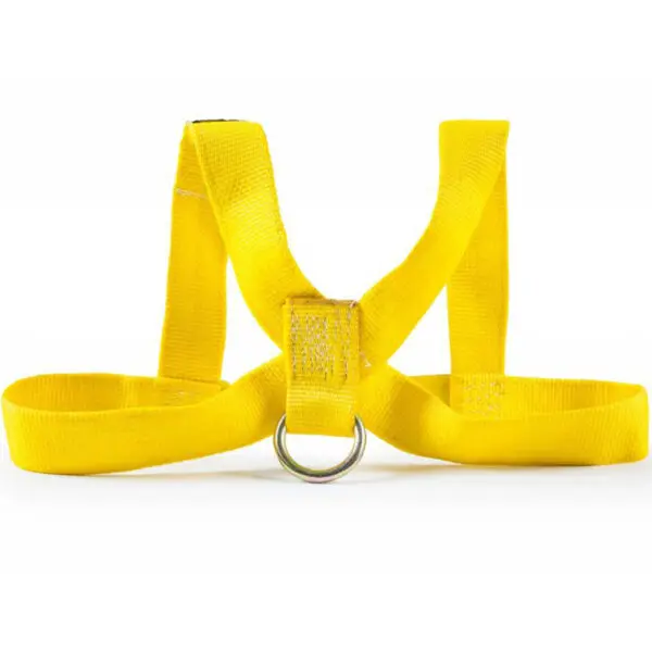 The Spud Inc Track Harness is a bright yellow safety harness crafted from durable nylon straps, featuring a central metal D-ring for secure pet walking.