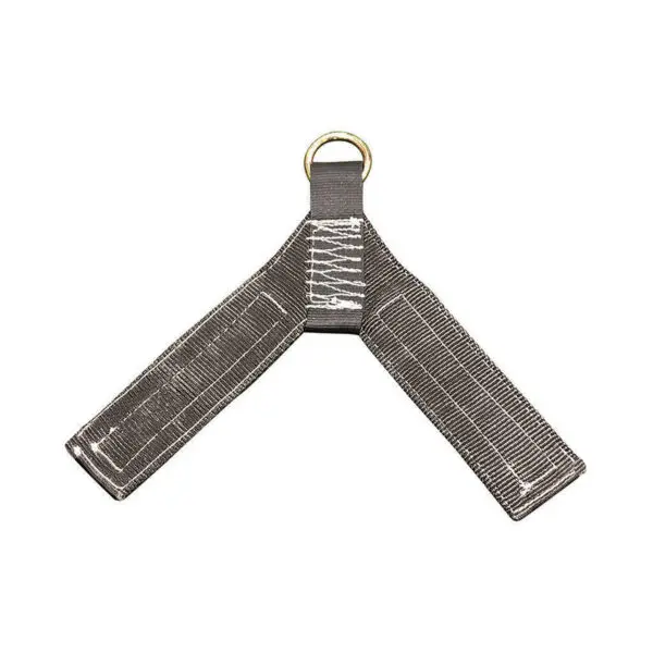 The Spud Inc Track Harness, displayed on a plain white background, is a gray nylon lifting strap with two loops and a metal ring at the top, forming a Y-shape.