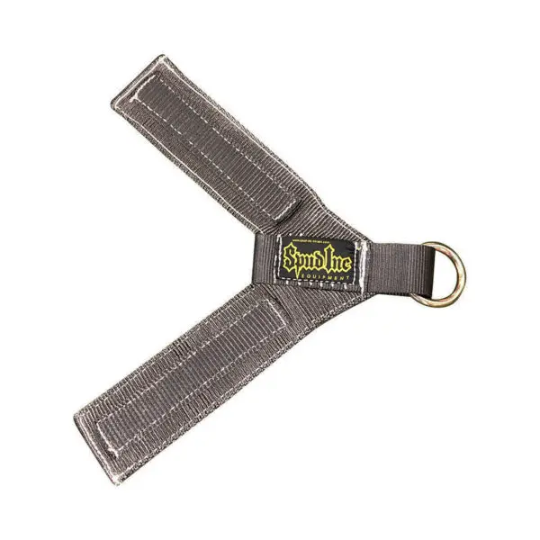 A gray weightlifting wrist strap with reinforced stitching features a metal ring and displays a yellow and black Spud Inc Track Harness logo.