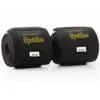 Two Spud Velcro Wrist Wraps in black feature yellow branding, 80CM labels, and a neatly rolled, compact design.