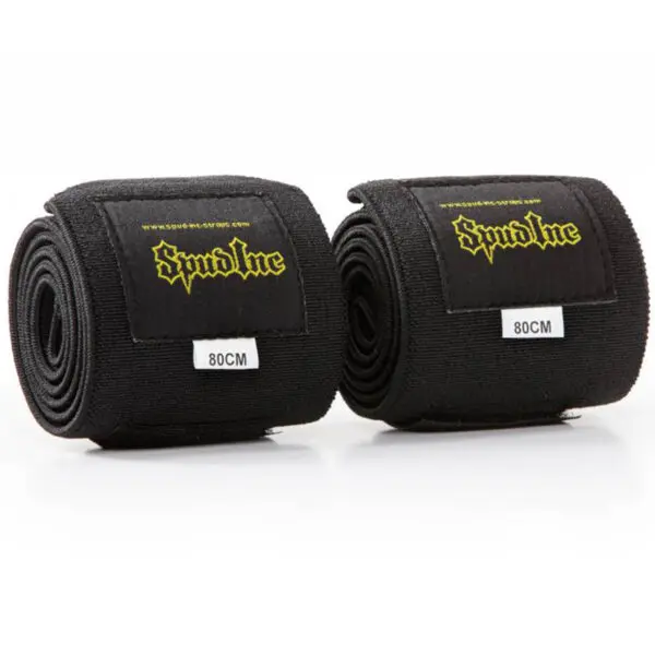 Two Spud Velcro Wrist Wraps in black feature yellow branding, 80CM labels, and a neatly rolled, compact design.