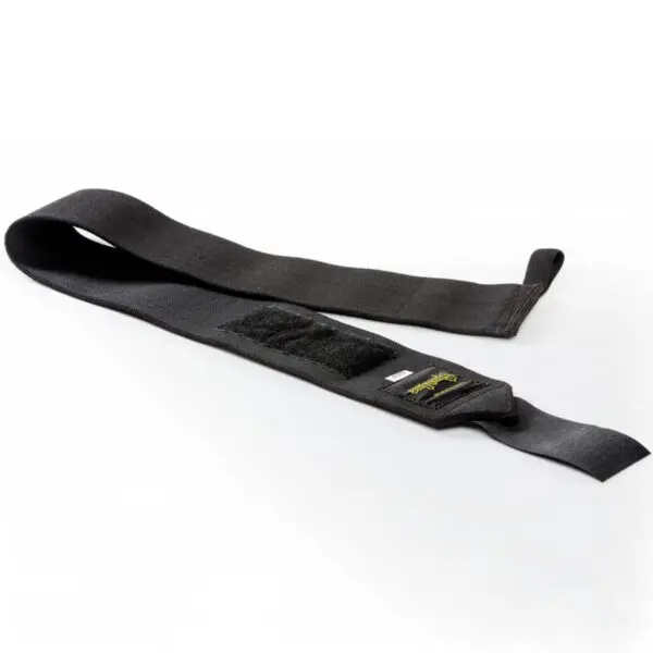 Black Spud Velcro Wrist Wraps, featuring a loop and velcro fastener, on a white background.