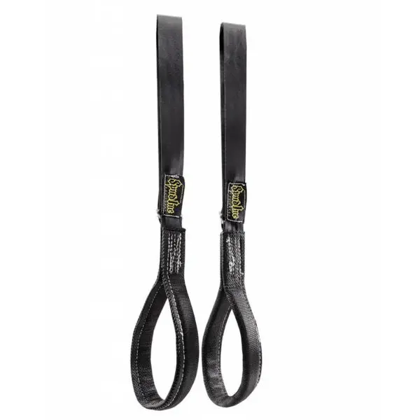 The Spud Inc Zercher Straps are black lifting straps featuring reinforced stitching and looped ends, ideal for weightlifting and strength training, with the brand logo displayed on a yellow label near the loops.