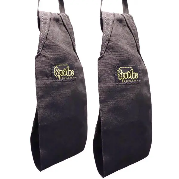 Two Spud Inc Washable Hanging Ab Straps in black with handles and a small embroidered logo, designed to support wrists during exercises.