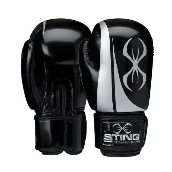 Black and white Sting Armalite Boxing Gloves feature a stylish abstract design and the Sting logo on the wrist strap.