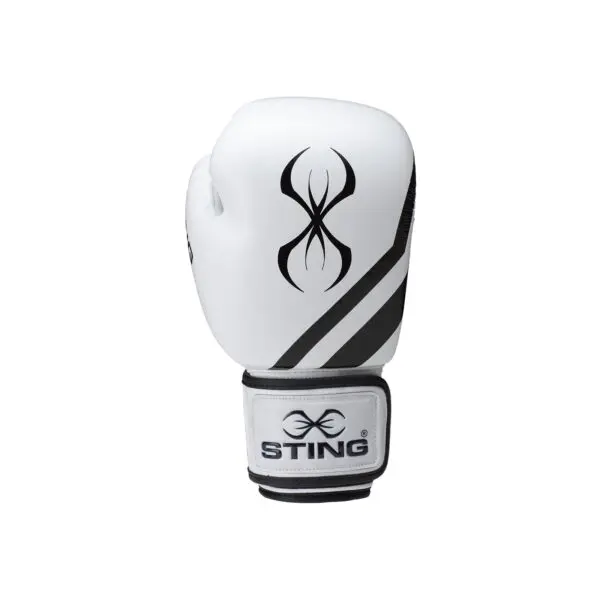 The Sting Orion Training Gloves 16oz feature a sleek white design with black accents and a prominent logo, while the wrist strap boldly displays the brand name STING.