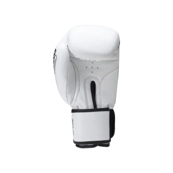 A Sting Orion Training Glove, 16oz, in white with a black strap is showcased upright on a plain background. It features black stitching and ventilation air holes, suitable for boxing or martial arts training.