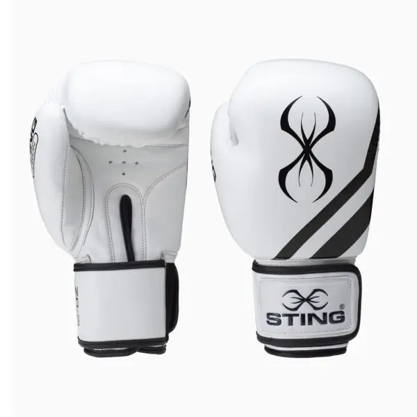 The Sting Orion Training Gloves 16oz are white boxing gloves with black tribal designs and an overlapping line logo. The right glove shows the back design, while the left displays the palm side, both labeled STING.