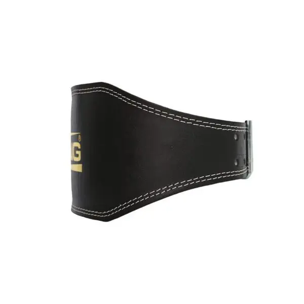 The Sting Eco 4 Leather Belt is a black leather weightlifting belt with a metallic buckle and white stitching, featuring a partially visible yellow logo on the left side.