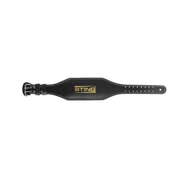 The Sting Eco 4 Leather Belt is black leather with white stitching, a silver buckle, and STING in gold at the center. It has multiple holes for size adjustment.