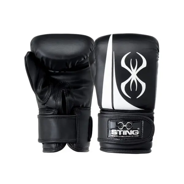 The Sting Airweave Cotton Glove Midi Inner features black boxing gloves with a white design and the Sting logo on the wrist strap, set against a white background.