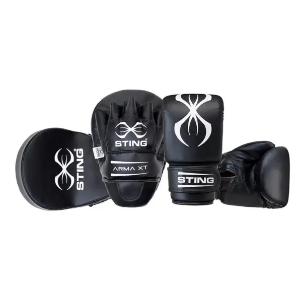A pair of black boxing gloves and a black focus mitt with white logos and the text Sting Airweave Cotton Glove Midi Inner on a white background.