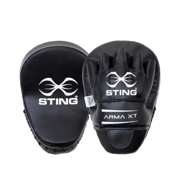 Sting Airweave Cotton Glove Midi Inner focus mitts: one shows the palm side with glove-like grips, and the other reveals the curved striking surface with a logo, perfect for boxing or martial arts training.