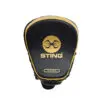 Black and gold rounded teardrop-shaped boxing pad featuring the word STING, a stylized logo, and VIPER below it is known as the Sting Viper Speed Focus Mitt.