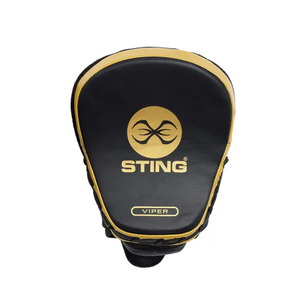 Black and gold rounded teardrop-shaped boxing pad featuring the word STING, a stylized logo, and VIPER below it is known as the Sting Viper Speed Focus Mitt.