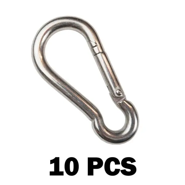 Image of a silver metal carabiner clip on a white background. The text below reads Arm Bar: 10 PCS, indicating a set of ten pieces.