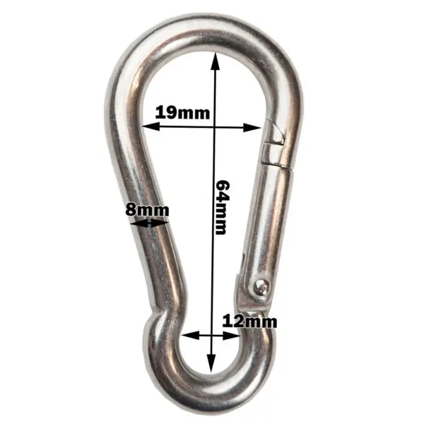 The 8mm Triangle Carabiner for Cable Attachments is a silver clip featuring a closed gate, measuring 64mm in length, 19mm in width, and a 12mm gate opening.