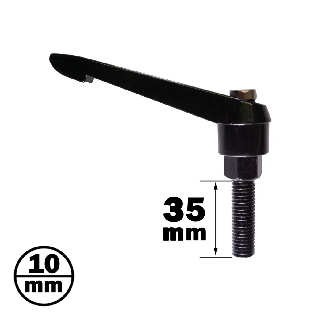 A black lever handle with a threaded bolt, 35mm long. A circular label reads 10 mm, likely the bolt diameter. Positioned diagonally, an arrow highlights its length. Product: 70mm Aluminium Pulley.