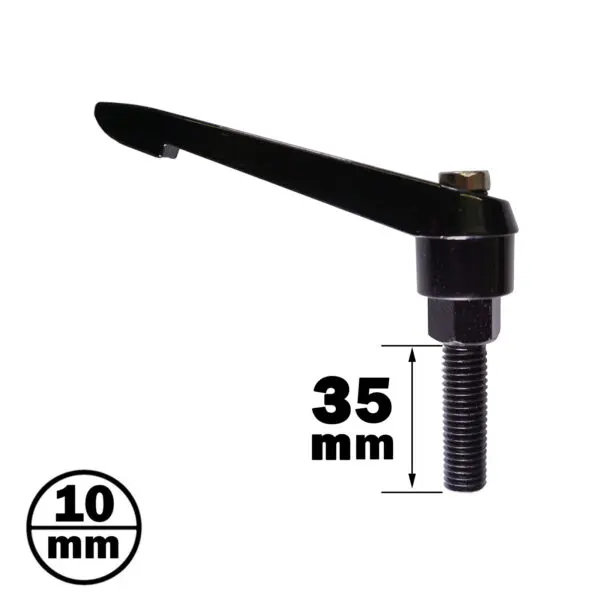 A black lever handle with a threaded bolt, 35mm long. A circular label reads 10 mm, likely the bolt diameter. Positioned diagonally, an arrow highlights its length. Product: 70mm Aluminium Pulley.