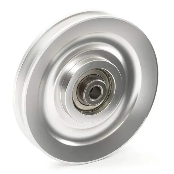 The Aluminium Pulley Wheel 115mm features a circular and ridged design, showcasing a smooth, shiny surface with a central bearing.