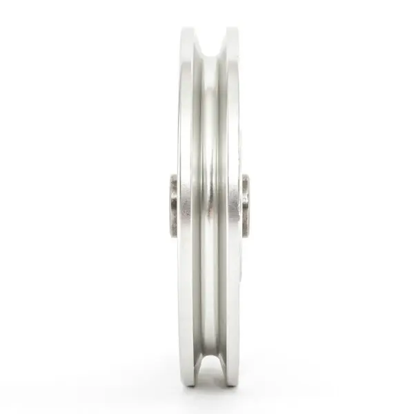A side view of the Aluminium Pulley Wheel 115mm, featuring a central groove for mechanical systems, is displayed against a white background to showcase its smooth silver surface and round shape.