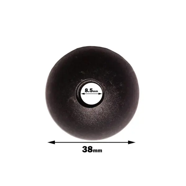 A top-down image displays a black rubber Gym Cable Ball 25mm with a circular design, featuring an 8.5mm central hole and an overall diameter of 38mm.