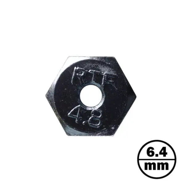 A shiny metallic hexagonal nut engraved with PTF 4.8 is displayed, labeled as a Cable Gym Bolt M12. In the bottom right corner, a circle contains 6.4 mm.