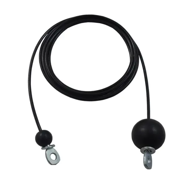 The Replacement Gym Cable Manufacture is a black cable with loops on both ends, featuring a small black ball attached near one loop and a larger black ball near the other.