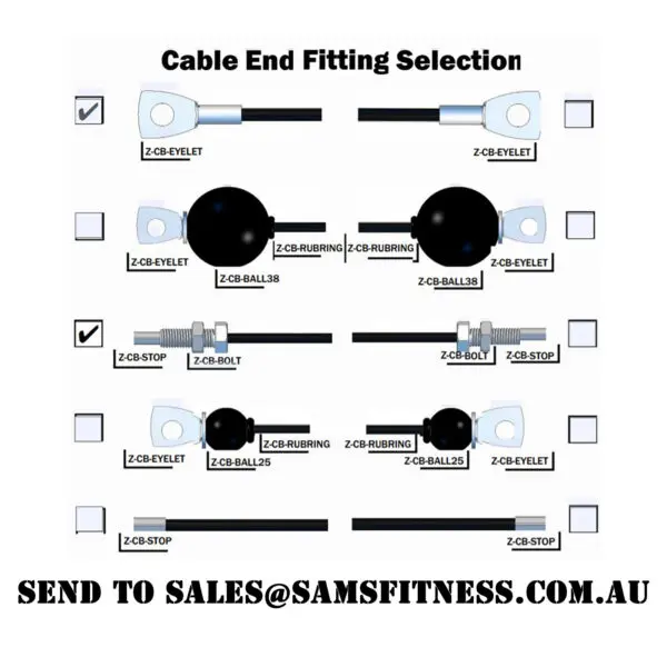 The Replacement Gym Cable Manufacture chart features eight end fittings: Z-CB-EYELET, Z-CB-RUBRING, Z-CB-BALL38, Z-CB-BALL25, Z-CB-BOLT, and Z-CB-STOP. The leftmost option is selected. Contact sales@samsfitness.com.au for inquiries.