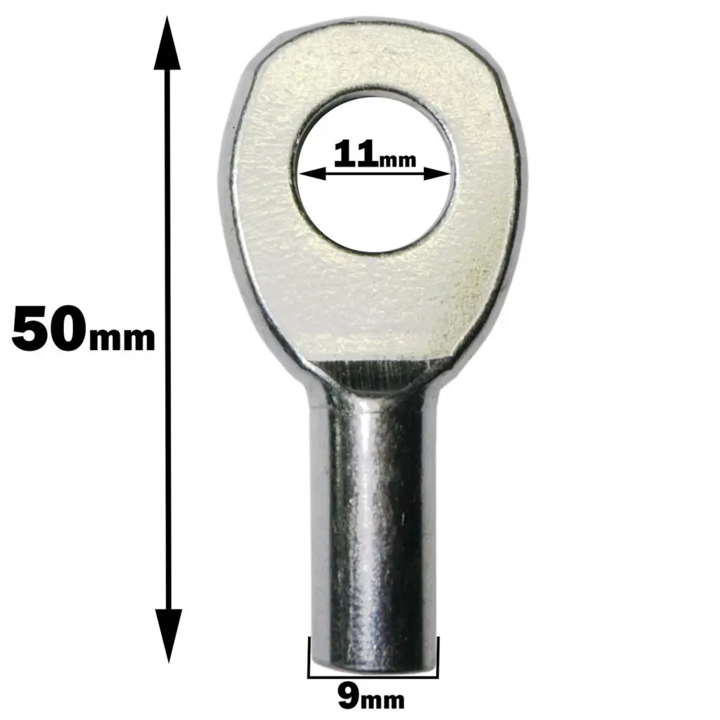 Close-up of the Gym Cable Swage Eyelet, showcasing its oval-shaped top. It measures 50mm in height, with an 11mm hole diameter and a 9mm wide base. The surface is reflective and metallic.