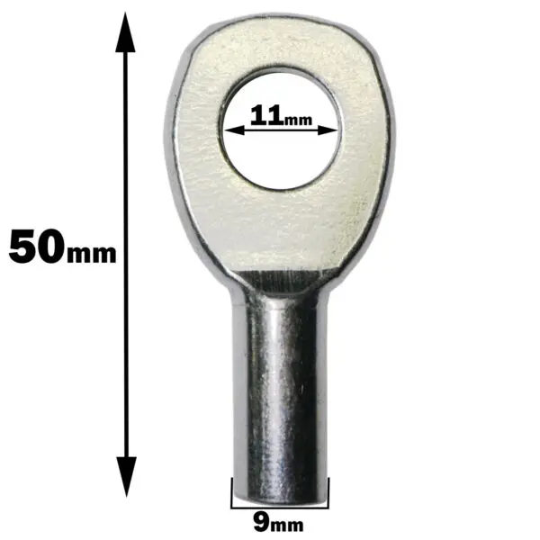 Close-up of the Gym Cable Swage Eyelet, showcasing its oval-shaped top. It measures 50mm in height, with an 11mm hole diameter and a 9mm wide base. The surface is reflective and metallic.