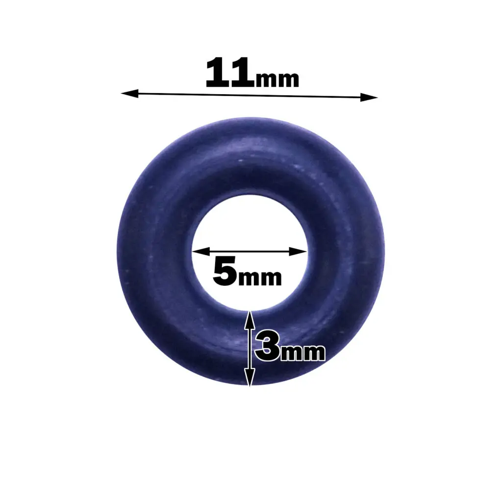 A dark-colored O-ring from Replacement Gym Cable Manufacture has an outer diameter of 11mm, an inner diameter of 5mm, and a thickness of 3mm. Arrows and labels indicate the dimensions.