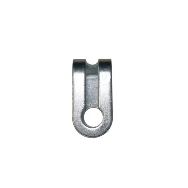 The Gym Cable Swage Eyelet, a metal U-shaped bracket with a central hole, is shown from above against a plain white background. Its shiny, smooth finish reflects light.