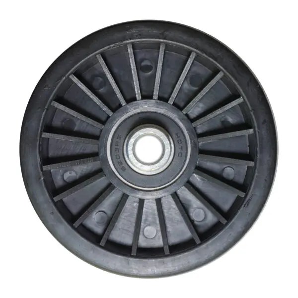 A black Belt Pulley 114mm with a central hub and radiating spokes is viewed from above on a plain white background, featuring industrial markings around the hub.