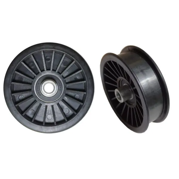 Two Belt Pulley 114mm wheels, made of black plastic, are displayed against a white background. One lies flat to show its circular groove and central metal bearing; the other stands upright, highlighting its beveled edge and intricate spoke design.