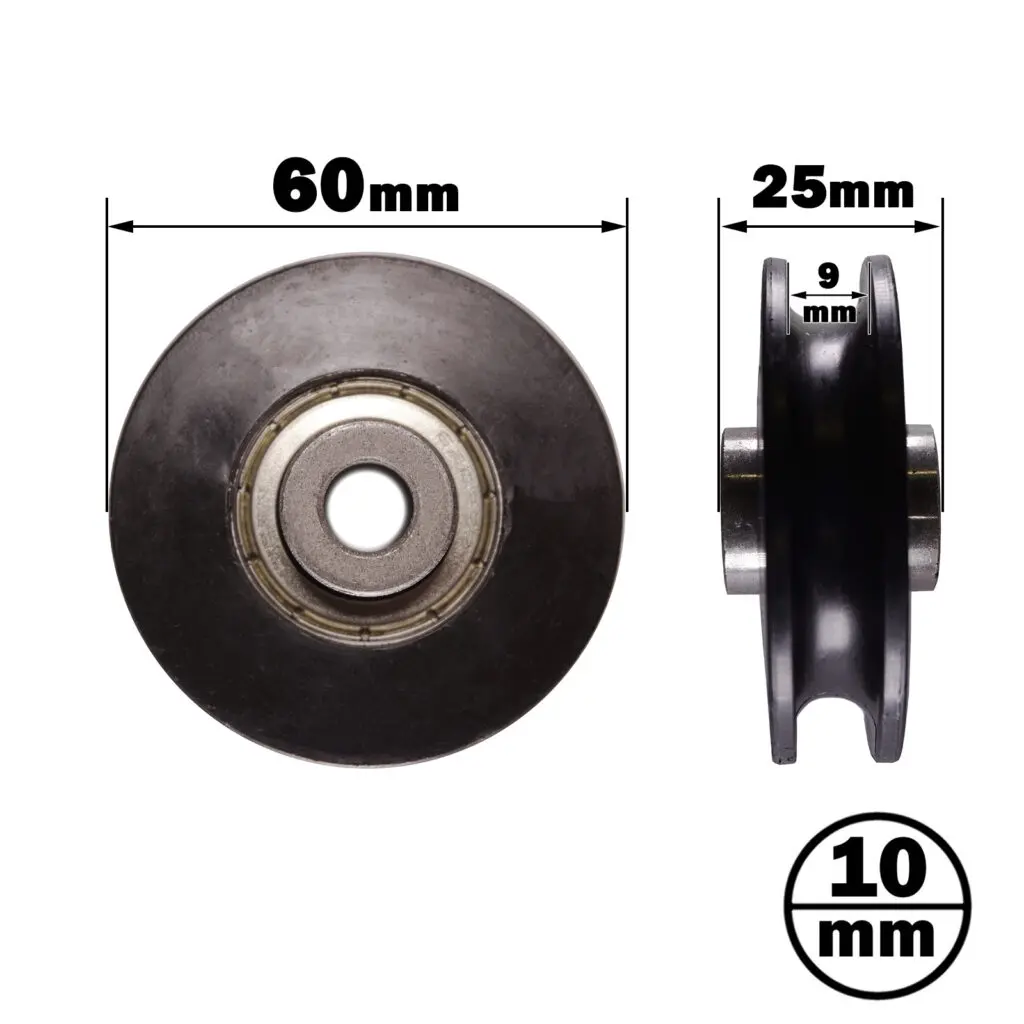 Image of the Cable Pulley 50mm: front view diameter of 60mm, side view total width of 25mm. Central hole diameter is 9mm with a main outer groove width of 10mm.