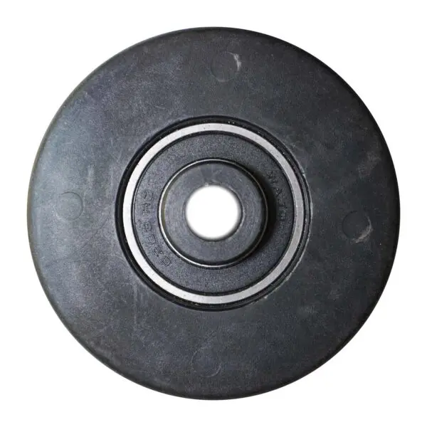 A close-up view of the Belt Pulley 114mm, featuring a black rubber wheel with a central metal bearing. The circular design is crafted for smooth rotation on various surfaces.