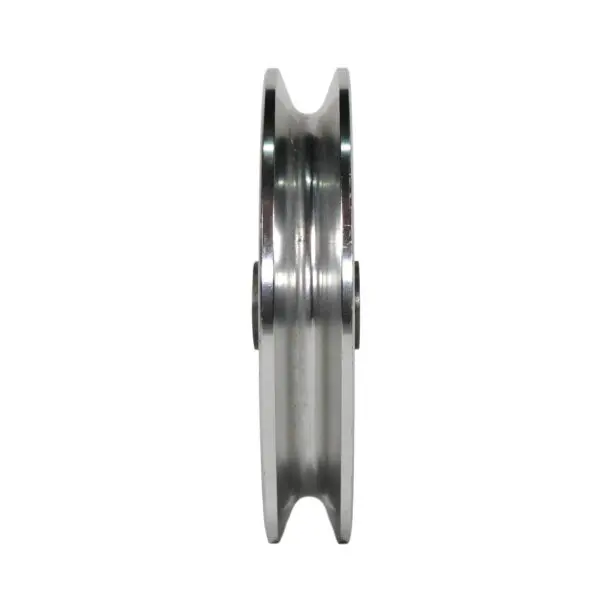 A close-up side view of the 105 mm Aluminium Pulley reveals its shiny metallic finish, central groove, and cylindrical design. The slightly rounded edges highlight its smooth, reflective surface.