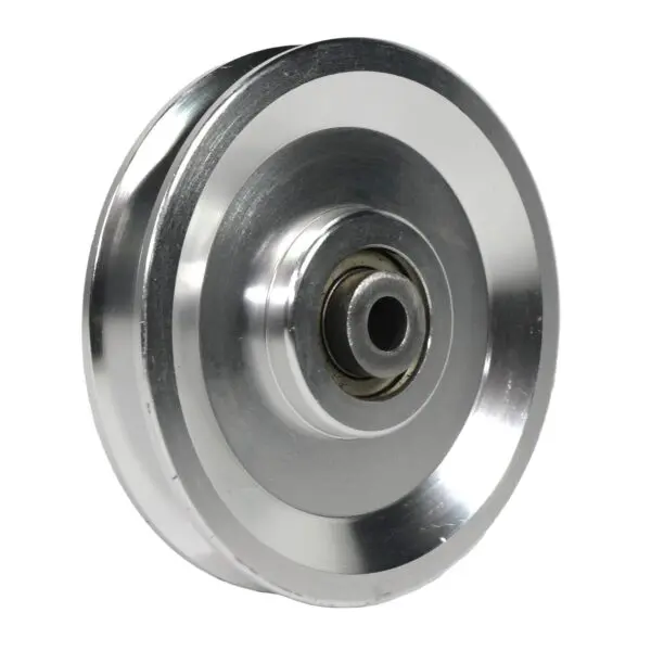 The 105 mm Aluminium Pulley is a metallic wheel with a central bearing, featuring a smooth, reflective surface and a groove around its circumference.