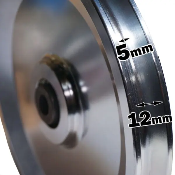 Close-up of the 150mm Aluminium Pulley, with a shiny and reflective metal wheel. The rim is labeled as 5mm thick, and the width is labeled as 12mm.