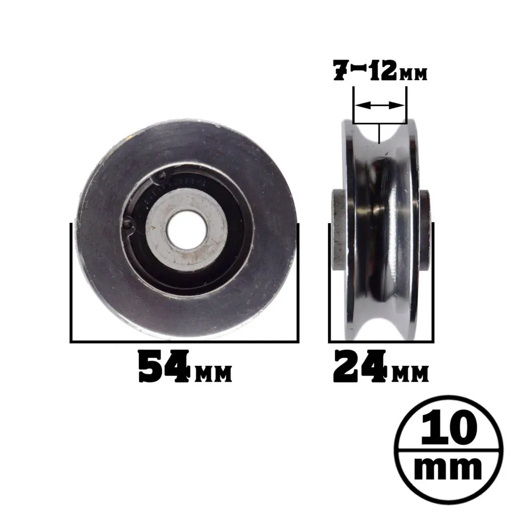 Two views of the 54 mm Aluminium Pulley: front shows a 54mm diameter, and side shows a 24mm width. The thickness is labeled as 10mm within a range of 7-12mm.