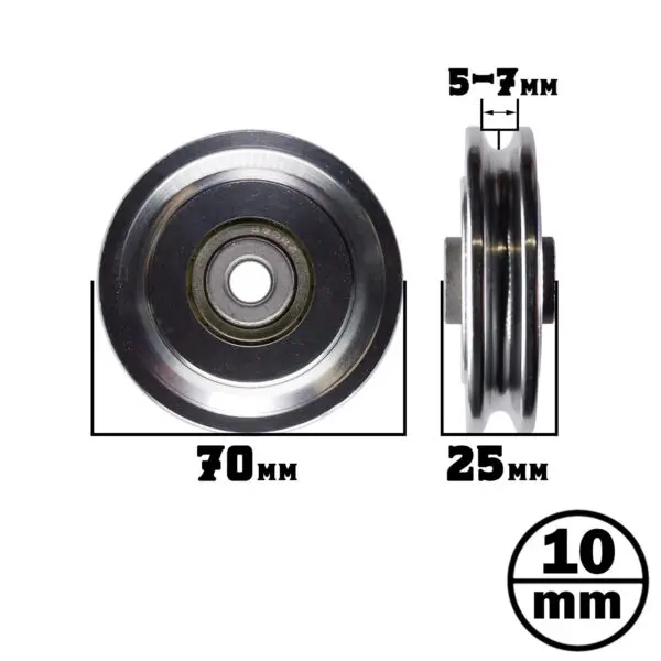 70mm Aluminium Pulley with bearing, displayed from front and side views. Dimensions: 70mm diameter, 25mm width, groove depth of 5-7mm. A circle in the corner denotes a 10mm measurement.